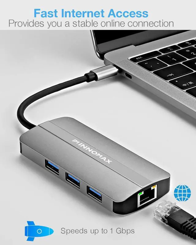 Alt view image 3 of 5 - USB C Hub Ethernet, INNOMAX 6 in 1 USB C to USB 3.0 Hub, Multiport Adapter with HDMI 4K 30Hz, 100W Power Delivery, 1000M Ethernet, 3 USB 3.0 5Gbps Fast Data Ports for MacBook Pro Air, iPad and More