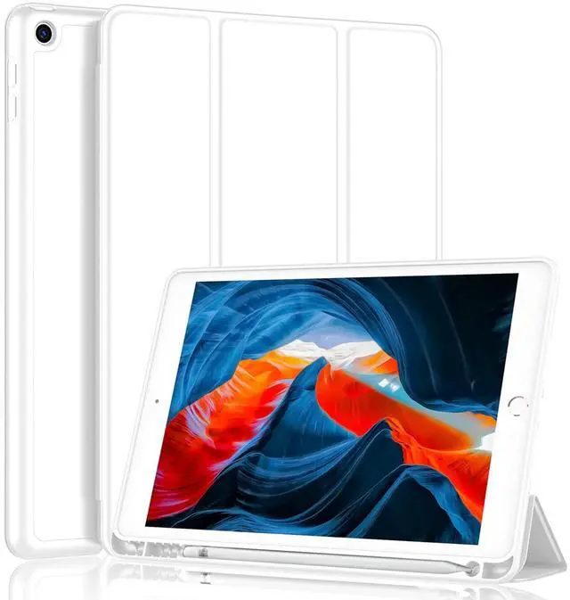 Main image of iMieet Case for iPad 9th Generation 2021/iPad 8th Generation 2020 10.2 Inch with Pencil Holder, iPad 7th Gen 2019 with Soft Baby Skin Silicone Back, Auto Wake/Sleep Cover(White)