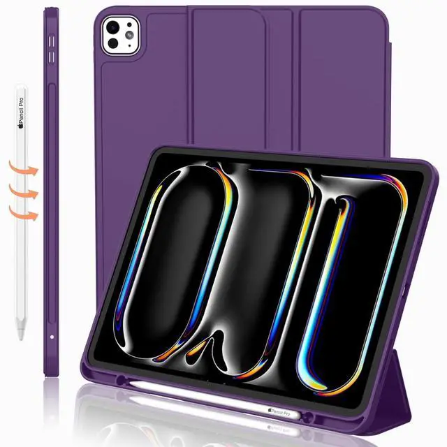 Main image of iMieet for iPad Pro 11 Inch Case M4 2024 (5th Gen) with Pencil Holder, Trifold Stand Smart Case with Soft TPU Back, Auto Wake/Sleep (Dark Purple)