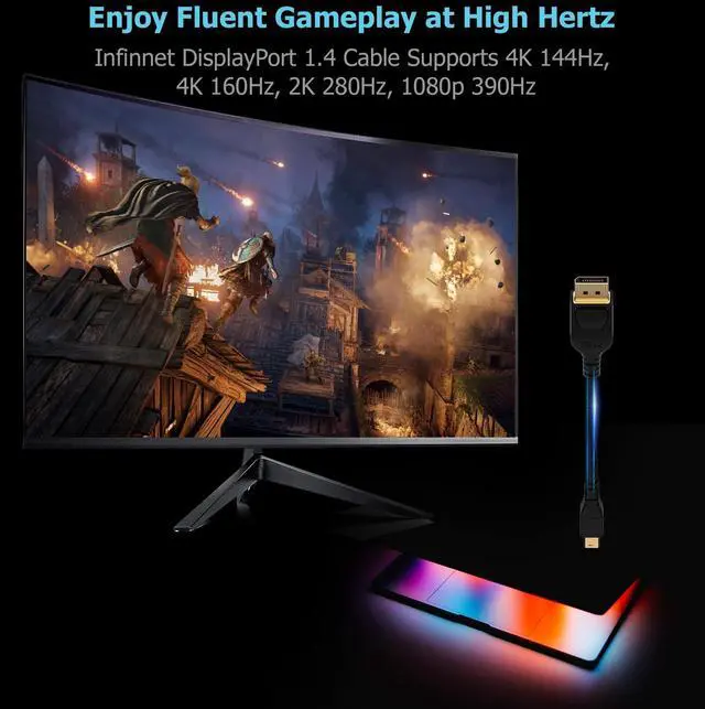 Alt view image 5 of 5 - Infinnet Mini DisplayPort to DisplayPort 1.4 1.4a Cable 8K 60Hz 4K 144Hz 120Hz 160Hz 2K 280Hz 240Hz 1080p 390Hz 360Hz Display Port to Mini DisplayPort DP 1.4 HBR3 HDR VESA Certified Cord, 2m (6 feet)