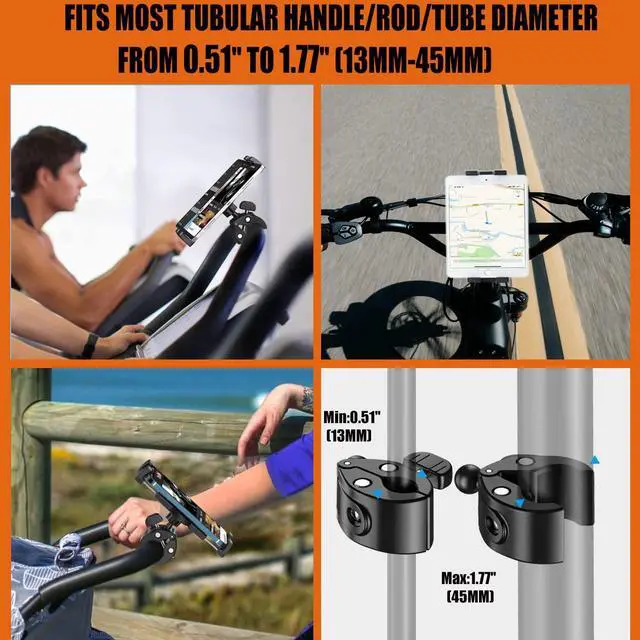 Alt view image 3 of 5 - Kolasels Bike Handlebar Tablet Mount for 4-13" iPad & Phone, Motorcycle Handlebar Tablet Holder with Super C-Clamp for Microphone/Bicycle/Treadmill/Elliptical, Fit for iPad Pro, Air, Mini, iPhone