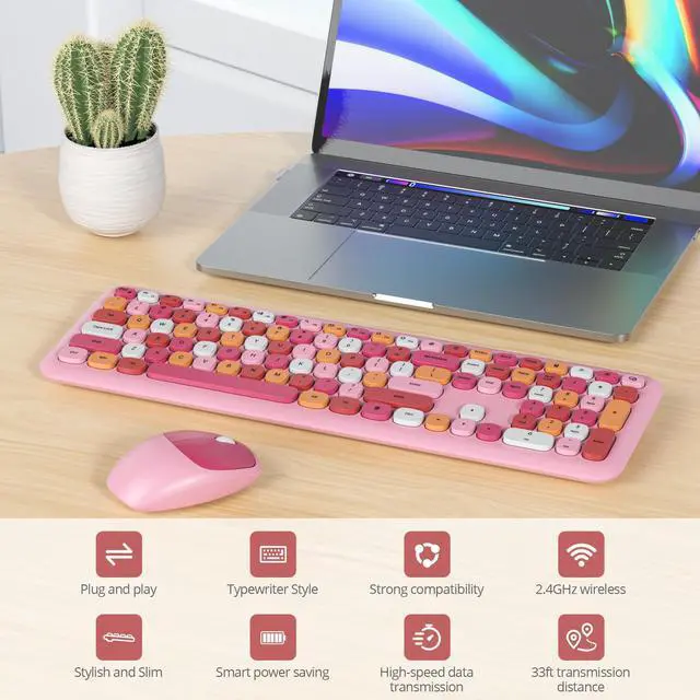 Alt view image 2 of 5 - iRoboosta Pink Colorful Wireless Keyboard and Mouse Combo Set, 2.4GHz Retro Typewriter Aesthetic Keyboard, Full Size Cute Keyboard with Number Pad, Home and Office Silent Keyboards (Pink)