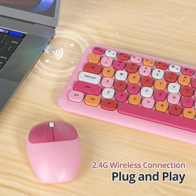 Alt view image 3 of 5 - iRoboosta Pink Colorful Wireless Keyboard and Mouse Combo Set, 2.4GHz Retro Typewriter Aesthetic Keyboard, Full Size Cute Keyboard with Number Pad, Home and Office Silent Keyboards (Pink)