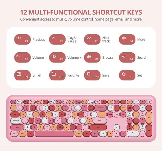 Alt view image 5 of 5 - iRoboosta Pink Colorful Wireless Keyboard and Mouse Combo Set, 2.4GHz Retro Typewriter Aesthetic Keyboard, Full Size Cute Keyboard with Number Pad, Home and Office Silent Keyboards (Pink)