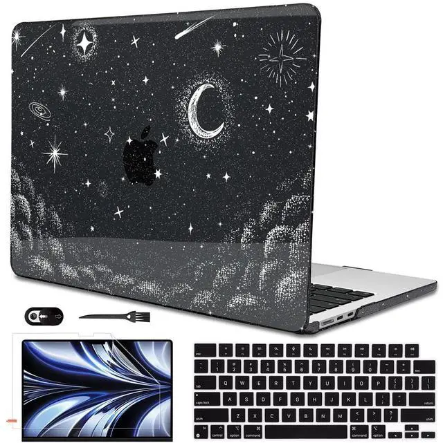 Main image of LCMOCICO for 2022 2023 2024 2025 MacBook Air 13.6 inch Case M4 A3240 M3 A3113 M2 A2681 Cover, Glitter Black Printed Pattern Plastic Hard Shell Case Keyboard Cover for Mac Air 13.6 2025, Stars & Moon