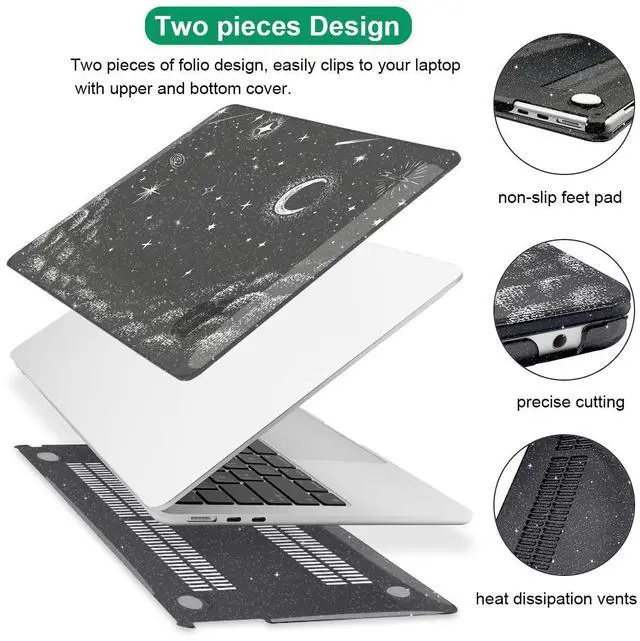 Alt view image 3 of 5 - LCMOCICO for 2022 2023 2024 2025 MacBook Air 13.6 inch Case M4 A3240 M3 A3113 M2 A2681 Cover, Glitter Black Printed Pattern Plastic Hard Shell Case Keyboard Cover for Mac Air 13.6 2025, Stars & Moon