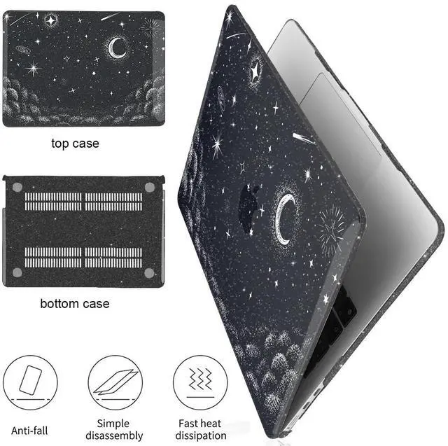 Alt view image 4 of 5 - LCMOCICO for 2022 2023 2024 2025 MacBook Air 13.6 inch Case M4 A3240 M3 A3113 M2 A2681 Cover, Glitter Black Printed Pattern Plastic Hard Shell Case Keyboard Cover for Mac Air 13.6 2025, Stars & Moon