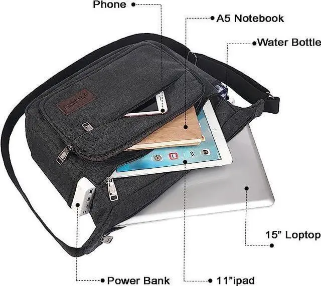 Alt view image 4 of 5 - JAKAGO 15" Canvas Messenger Bag Multi Pockets Shoulder Bag Crossbody Bag for Outdoor Camping Laptop bag for Work (Black)