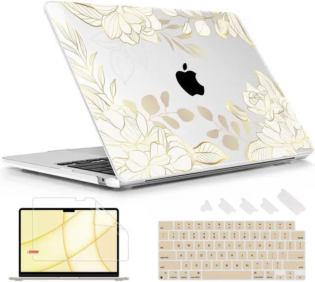 Main image of Lepeoac Case for MacBook Air 15 Inch 2025 2024 2023 Release M4 A3241 M3 A3114 M2 A2941, Hard Shell with Screen Protector & Keyboard Cover, Compatible with Touch ID - Gold Rose Flowers