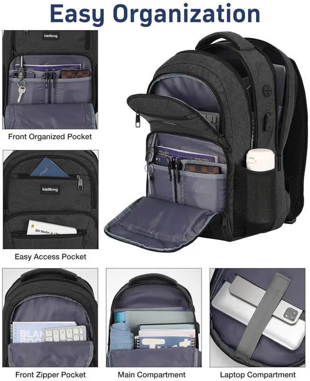 Alt view image 2 of 5 - kadilong Laptop Backpack Men Book Bag for Women,School Backpacks for Teen Boys with USB Charger,Back Pack Anti Theft with 15.6 Inch Laptop Compartment for Business College High School,Black