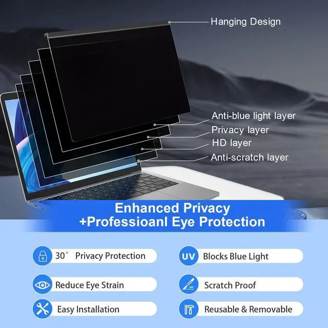 Alt view image 3 of 5 - Laptop Privacy Screen 14 Inch Hanging, Removable Screen Shield Panel for 16:9 Widescreen Monitor, Anti Blue Light Filter, Anti-Glare Protector