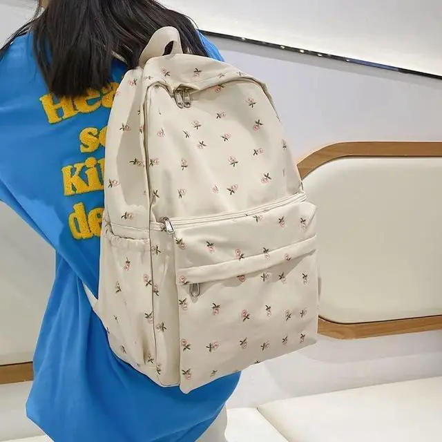Alt view image 3 of 5 - 2025 Cute Preppy Bag Floral Printed Kawaii Backpack Cottagecore Aesthetic Backpack Laptop Daypack (White)