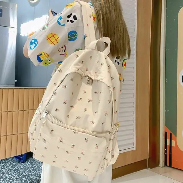 Alt view image 4 of 5 - 2025 Cute Preppy Bag Floral Printed Kawaii Backpack Cottagecore Aesthetic Backpack Laptop Daypack (White)