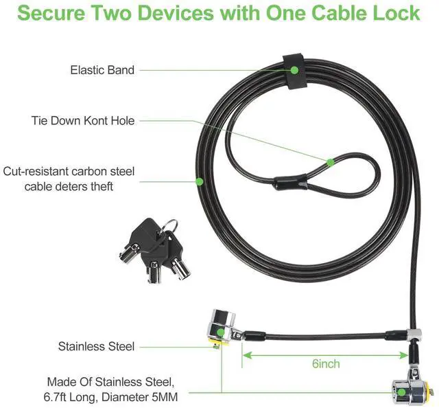 Alt view image 2 of 5 - LORADAR Daul Head Twin Cable Lock Lock for Laptops,Monitor 3 Keys 6.7Foot Lock Two Devices at The Same Time