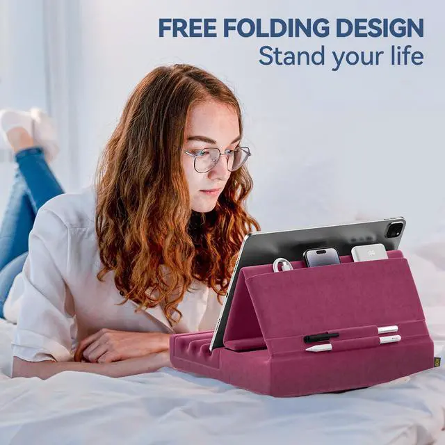 Alt view image 3 of 5 - KDD Tablet Pillow Holder, Foldable iPad Stand for Lap, Bed and Desk -Tablet Soft Pad Dock with Pocket & Stylus Mount Compatible with iPad Pro 12.9, 10.5, 9.7 Air Mini 6 5 4 3, Galaxy Tab, E-Reader