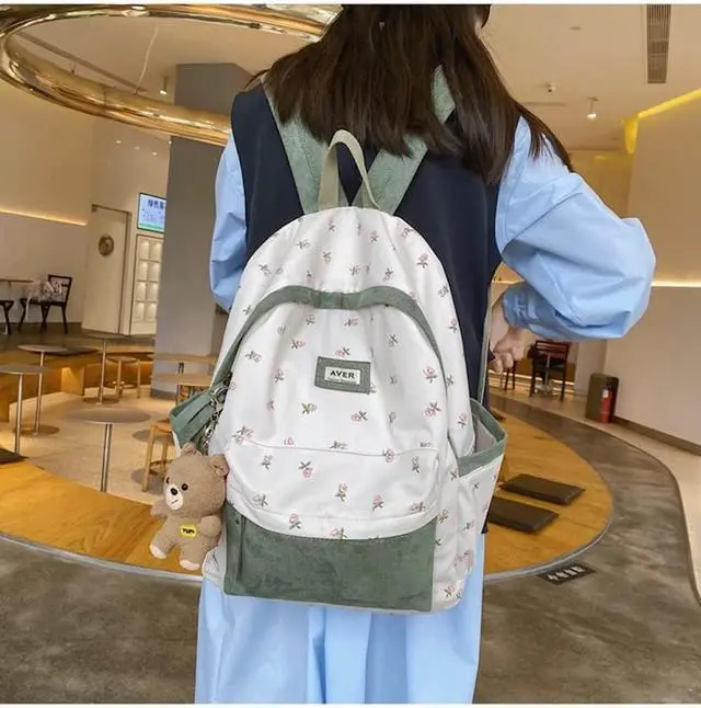 Alt view image 4 of 5 - 2025 Cute Preppy Bag Floral Printed Kawaii Backpack Cottagecore Aesthetic Backpack Laptop Daypack (Sage Green)