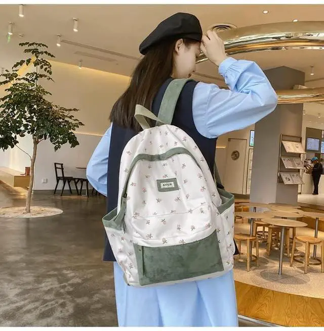 Alt view image 2 of 5 - 2025 Cute Preppy Bag Floral Printed Kawaii Backpack Cottagecore Aesthetic Backpack Laptop Daypack (Sage Green)