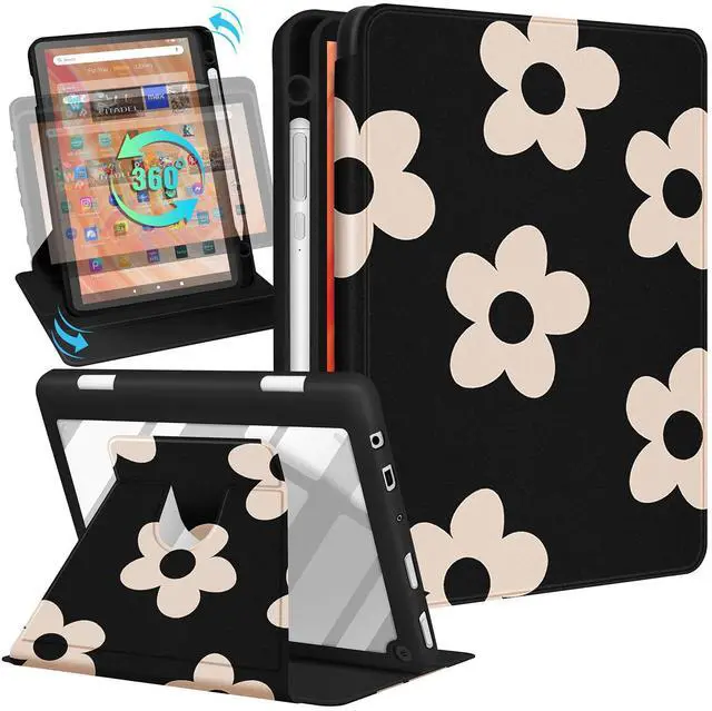 Main image of Kidcube for Kindle Fire HD 10/10 Plus Tablet Case - 13th/11th Generation (2023/2021) 10.1" Women Girls Cute Flowers Floral Design Rotating Stand Pencil Holder Folio Cases for Amazon Fire HD 10/10 Plus