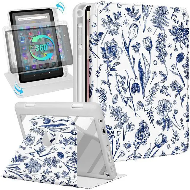 Main image of Kidcube for Kindle Fire HD 8/8 Plus Tablet Case - 10th/12th Generation (2020/2022) 8" Women Girls Cute Folio Cover with Pencil Holder Floral Flowers Rotating Stand Cases for Amazon Fire HD 8/8 Plus