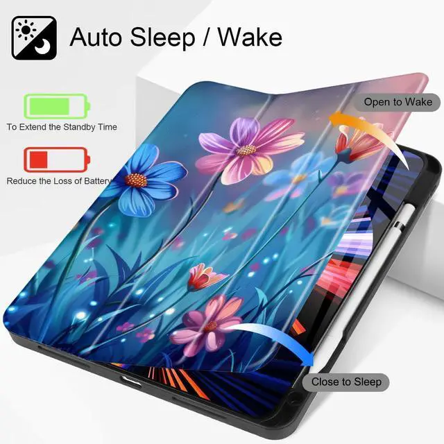 Alt view image 2 of 5 - May Chen Case for iPad Pro 13-inch 2024 5th Generation M4 Chip, [Built Pencil Holder Supports Pencil 2/USB-C] Soft TPU Back Cover with Trifold Stand Support Auto Wake/Sleep, Flowers Growing