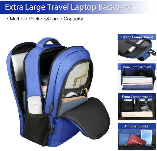 Alt view image 2 of 5 - 17 inch Travel laptop backpack Anti-Theft Backpack With USB Charging Port, Extra Large Business TSA Backpacks Sturdy Water Resistant Bag for Men Women, Blue