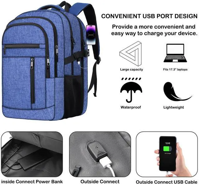 Alt view image 3 of 5 - 17 inch Travel laptop backpack Anti-Theft Backpack With USB Charging Port, Extra Large Business TSA Backpacks Sturdy Water Resistant Bag for Men Women, Blue
