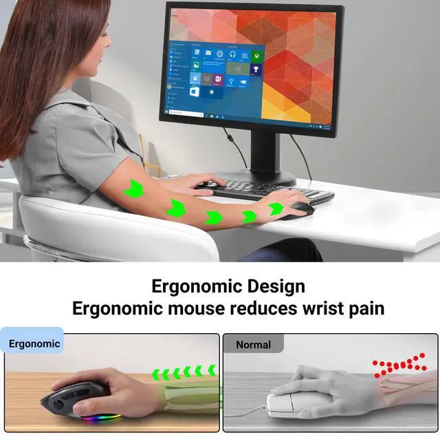 Alt view image 2 of 5 - Ergonomic Mouse,Bluetooth Vertical Wireless Mouse,LED Rechargeable Optical Computer Mice, Portable(BT5.2 or USB 2.4GHz) Dual Mode,1000/1600/2400 DPI,8 Buttons for Laptop,Desktop,PC,Macbook (grey)