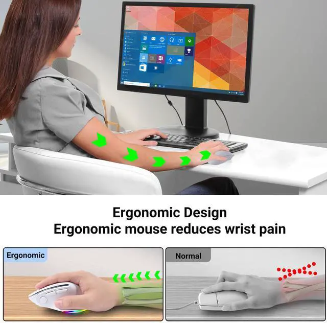 Alt view image 2 of 5 - Ergonomic Mouse,Bluetooth Vertical Wireless Mouse,LED Rechargeable Optical Computer Mice, Portable(BT5.2 or USB 2.4GHz) Dual Mode,1000/1600/2400 DPI,8 Buttons for Laptop,Desktop,PC,Macbook (white)