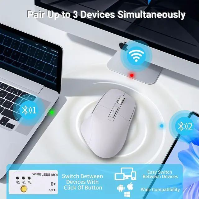 Alt view image 4 of 5 - Ergonomic Mouse,Bluetooth Vertical Wireless Mouse,LED Rechargeable Optical Computer Mice, Portable(BT5.2 or USB 2.4GHz) Dual Mode,1000/1600/2400 DPI,8 Buttons for Laptop,Desktop,PC,Macbook (white)