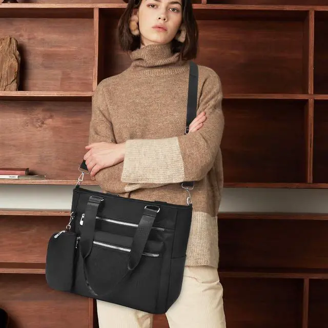 Alt view image 2 of 5 - I IHAYNER Laptop Tote Bag for Women 15.6 Inch Waterproof Canvas Work Bag Business Briefcase Computer Bags for Travel with Coin Purse Black