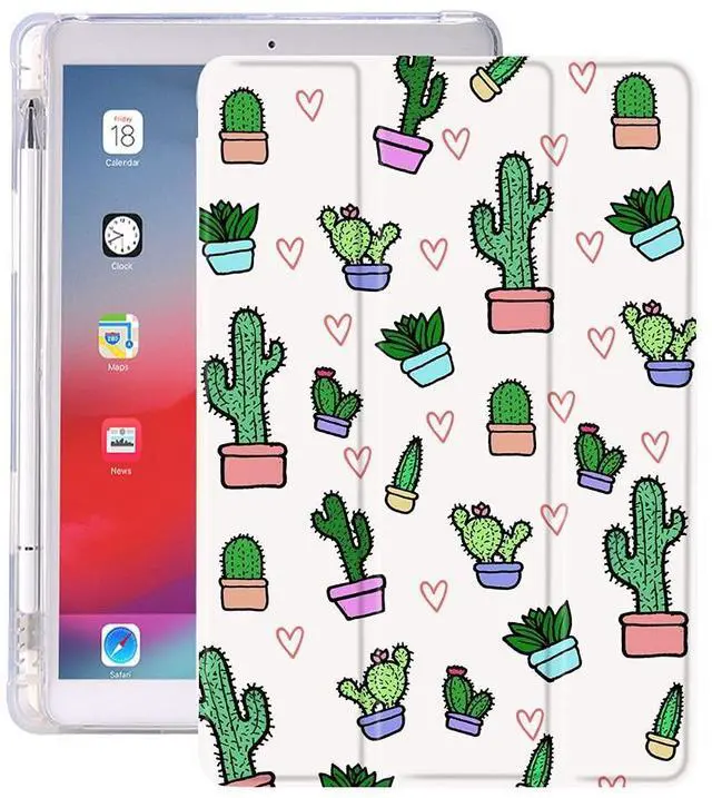 Main image of Idocolors Pad Case Cactus&Heart White for iPad 7/8/9th Gen (10.2 Inch) Anti-Scratch Shockproof with Pencil Holder Lightweight Smart Trifold Stand Cover