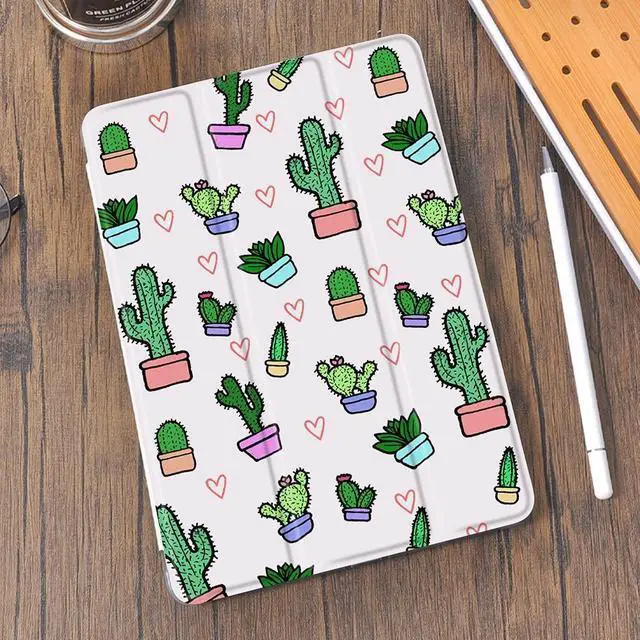 Alt view image 2 of 5 - Idocolors Pad Case Cactus&Heart White for iPad 7/8/9th Gen (10.2 Inch) Anti-Scratch Shockproof with Pencil Holder Lightweight Smart Trifold Stand Cover