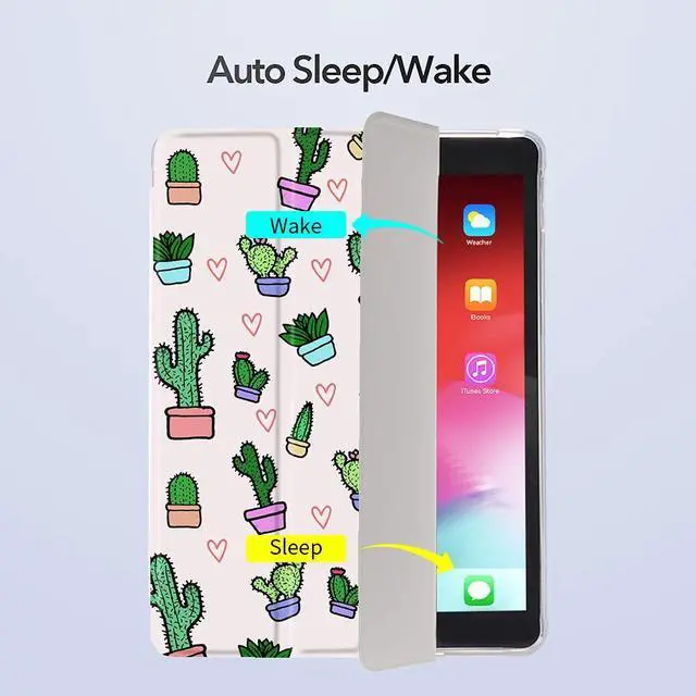 Alt view image 3 of 5 - Idocolors Pad Case Cactus&Heart White for iPad 7/8/9th Gen (10.2 Inch) Anti-Scratch Shockproof with Pencil Holder Lightweight Smart Trifold Stand Cover
