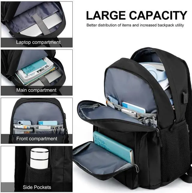 Alt view image 2 of 5 - Backpack for Men Women, School Backpacks for Teen Boys Girls, Lightweight Laptop Backpack for Travel with USB Charger, Water Resistant Black Backpack