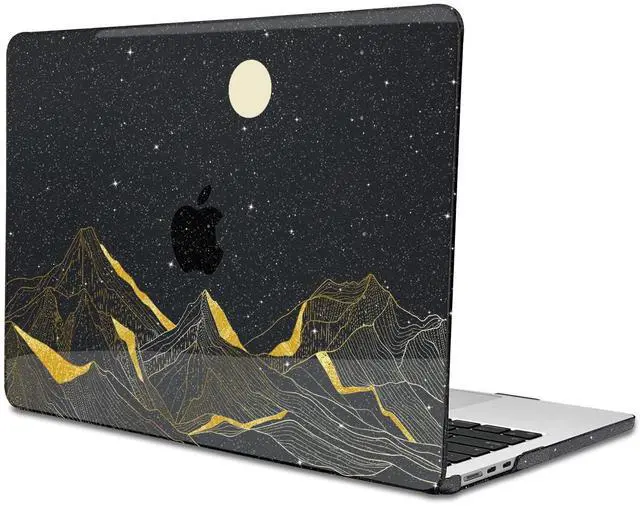 Main image of LCMOCICO for M4 MacBook Air 13.6 inch Case 2025 2024 2023 2022 Release A3240 A3113 M3 A2681 M2 Liquid Retina Display & Touch ID, Glitter Crystal Black Plastic Hard Shell Cover, Gold Mountain & Moon