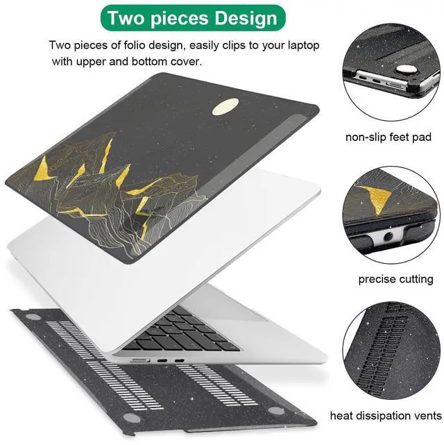 Alt view image 3 of 5 - LCMOCICO for M4 MacBook Air 13.6 inch Case 2025 2024 2023 2022 Release A3240 A3113 M3 A2681 M2 Liquid Retina Display & Touch ID, Glitter Crystal Black Plastic Hard Shell Cover, Gold Mountain & Moon