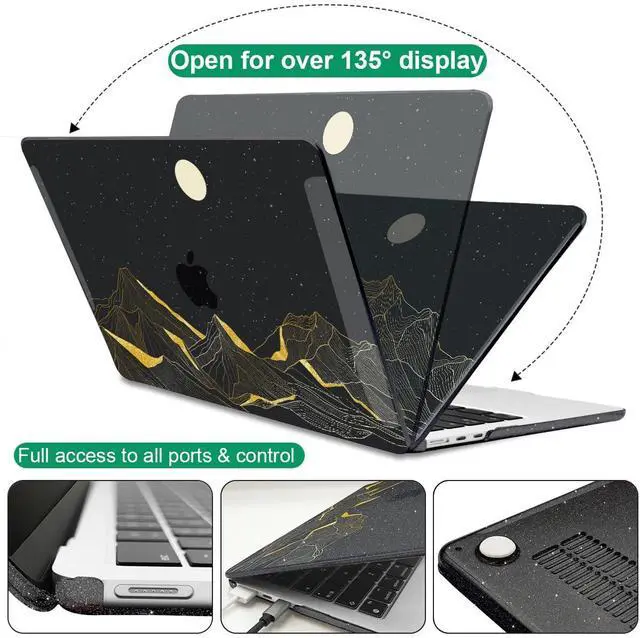 Alt view image 5 of 5 - LCMOCICO for M4 MacBook Air 13.6 inch Case 2025 2024 2023 2022 Release A3240 A3113 M3 A2681 M2 Liquid Retina Display & Touch ID, Glitter Crystal Black Plastic Hard Shell Cover, Gold Mountain & Moon