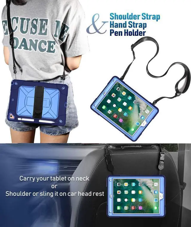 Alt view image 5 of 5 - Jaorty for iPad air 2,for iPad Pro 9.7 2016 case,360 Rotable Handle Kickstand Layer Pencil Holder Shockproof with Strap Shoulder Case for iPad 6th/5th Generation/New iPad 9.7 2017/2018,NavyBlue+Blue