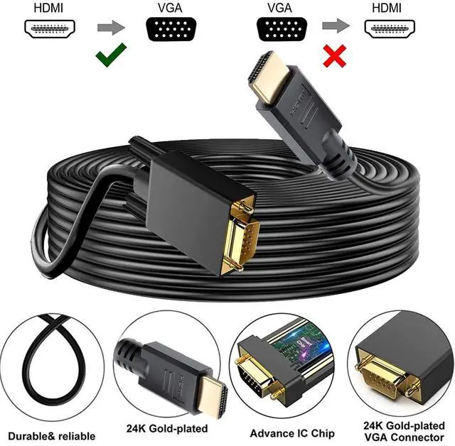 Alt view image 4 of 5 - Generic HDMI to VGA Adapter, 30ft, with Audio, Gold-Plated Connector, Heavy Duty Material, Supports 1920x1080@60Hz, Easy Movie Viewing, Free Replacement within 1 Year