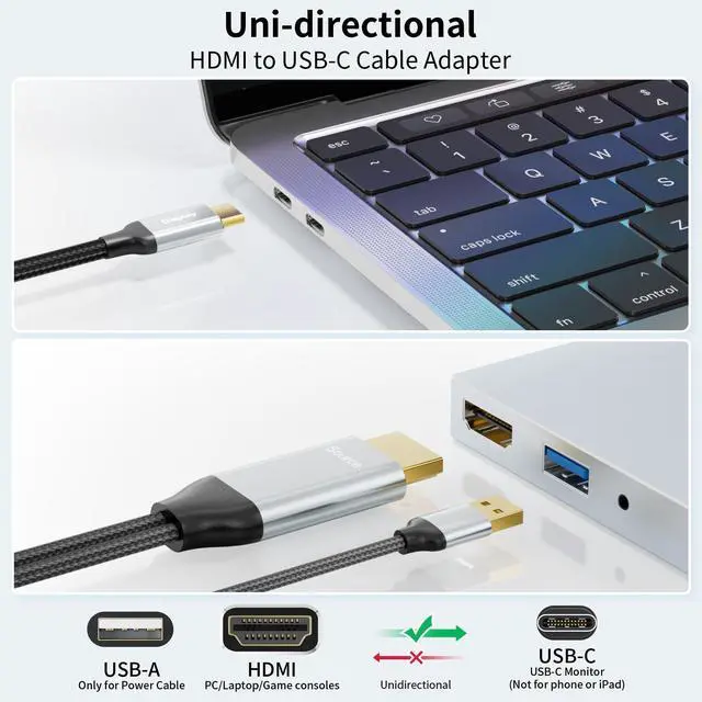 Alt view image 2 of 5 - HDMI to USB C Cable Adapter 4K@60Hz 6FT, HDMI 2.0 Input to USB Type C Output Display Converter, USB Powered, Compatible with Xreal Air, Nreal Air, Steam Deck Dock, PS5, Xbox, PC, Portable Monitor