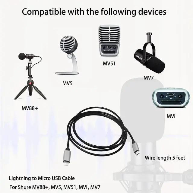 Alt view image 2 of 3 - iOS 17 to MicroUSB OTG Cable Compatible with Shure MV5, MV51, MV88+ and Mvi (AMV-LTG15), Motiv Products, 1.5m 5feet, for iPhone 14 13 12 Mini Pro Max,11, Xs Xr, New SE 8, AMV-LTG15 Replacement