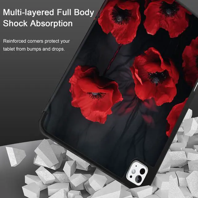 Alt view image 5 of 5 - MEEgoodo Case for M4 iPad Pro 13 inch Case 2024, Tablet Cover with Trifold Stand + Pencil Holder + Auto Wake/Sleep + Soft TPU Back Cover for Kids, Red Poppy Flowers