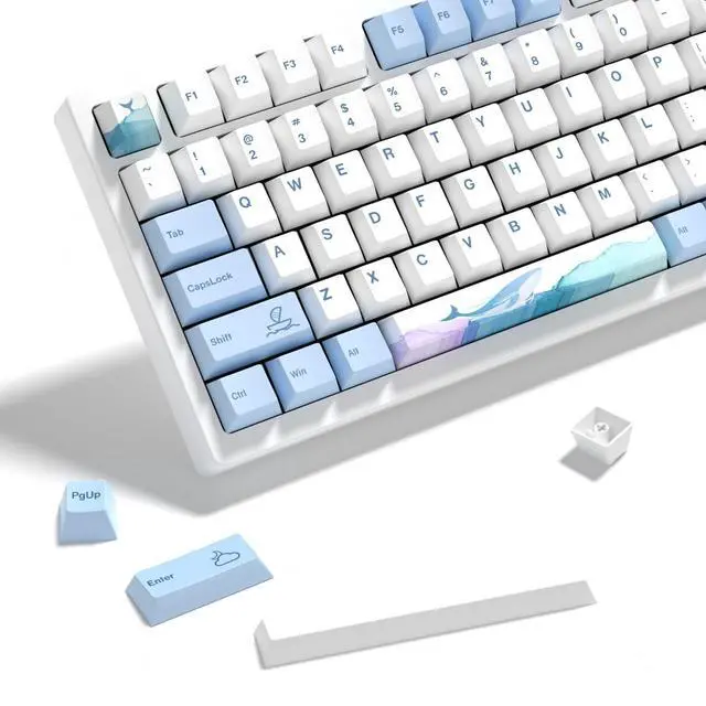 Main image of YMKPVR Ocean Whale DYE-SUB Keycap 60 Percent, Cherry Profile PBT Custom Keycap-143 Keys Blue Cut Key Caps for 61/64/68/84/87/100/104/108 Cherry MX Mechanical Keyboard