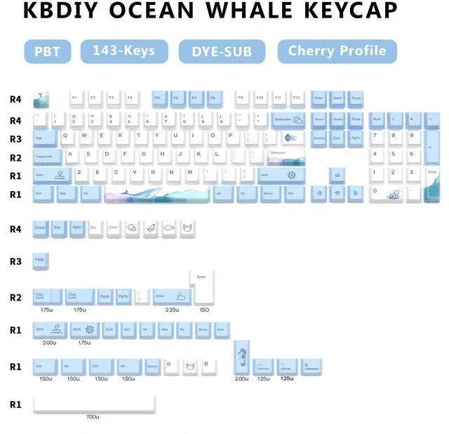 Alt view image 2 of 4 - YMKPVR Ocean Whale DYE-SUB Keycap 60 Percent, Cherry Profile PBT Custom Keycap-143 Keys Blue Cut Key Caps for 61/64/68/84/87/100/104/108 Cherry MX Mechanical Keyboard