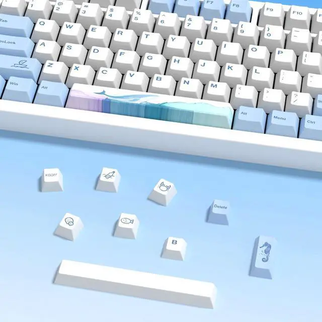 Alt view image 3 of 4 - YMKPVR Ocean Whale DYE-SUB Keycap 60 Percent, Cherry Profile PBT Custom Keycap-143 Keys Blue Cut Key Caps for 61/64/68/84/87/100/104/108 Cherry MX Mechanical Keyboard