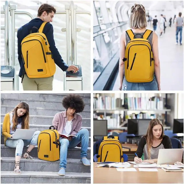 Alt view image 4 of 5 - Mancro Travel Laptop Backpack with USB Charging Port, 15.6 in Anti Theft Backpack for Women Men, Computer Bag Fits 15.6 Inch Laptop and Notebook Backpack Gift, Yellow