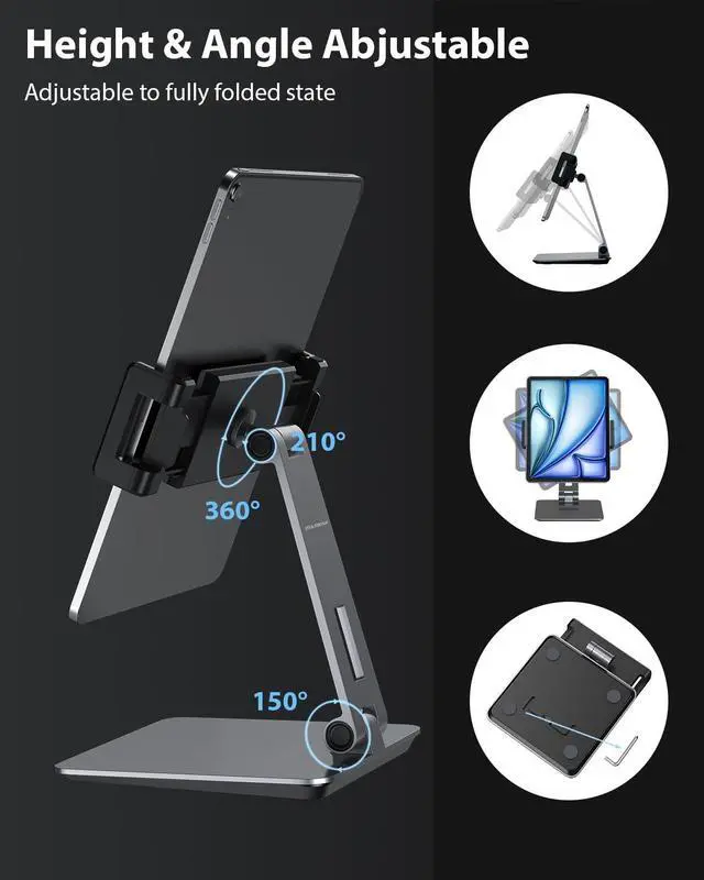 Alt view image 3 of 5 - Maxonar iPad Stand Holder, Heavy-Duty Aluminum Alloy Tablet Stand, 360deg Swivel Foldable iPad Pro Air Charging Stand Holder for Desk Bed Store POS Showcase Reception Kitchen Office (6-13''), Grey