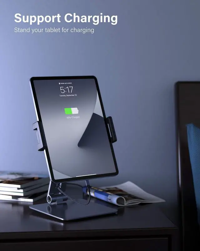 Alt view image 5 of 5 - Maxonar iPad Stand Holder, Heavy-Duty Aluminum Alloy Tablet Stand, 360deg Swivel Foldable iPad Pro Air Charging Stand Holder for Desk Bed Store POS Showcase Reception Kitchen Office (6-13''), Grey