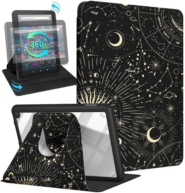 Main image of Kidcube for Amazon Kindle Fire 7 Tablet Case 12th Generation 2022 Release for Women Girls Boys Cute Folio Cover Sun Moon Star Design Rotating Stand with Auto Wake/Sleep Teen for Kindle Fire 7 Cases 7"