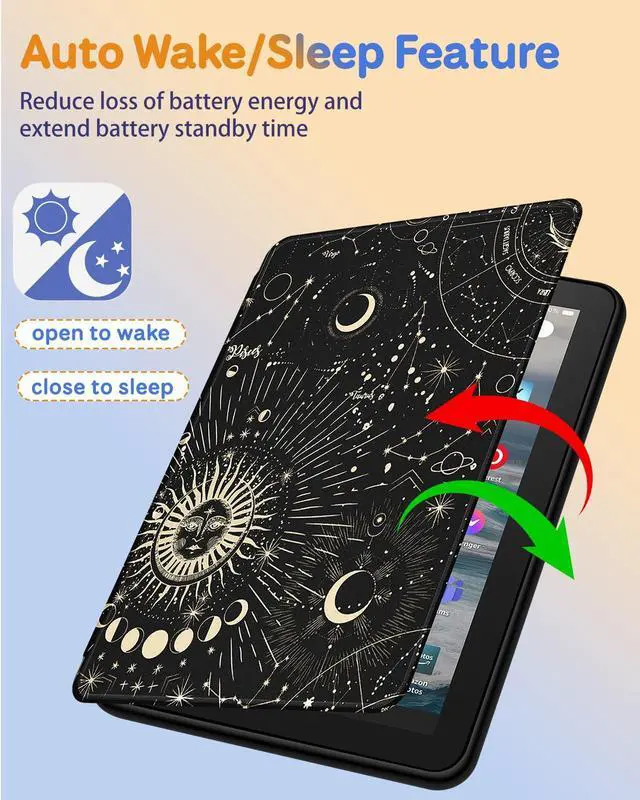 Alt view image 5 of 5 - Kidcube for Amazon Kindle Fire 7 Tablet Case 12th Generation 2022 Release for Women Girls Boys Cute Folio Cover Sun Moon Star Design Rotating Stand with Auto Wake/Sleep Teen for Kindle Fire 7 Cases 7"